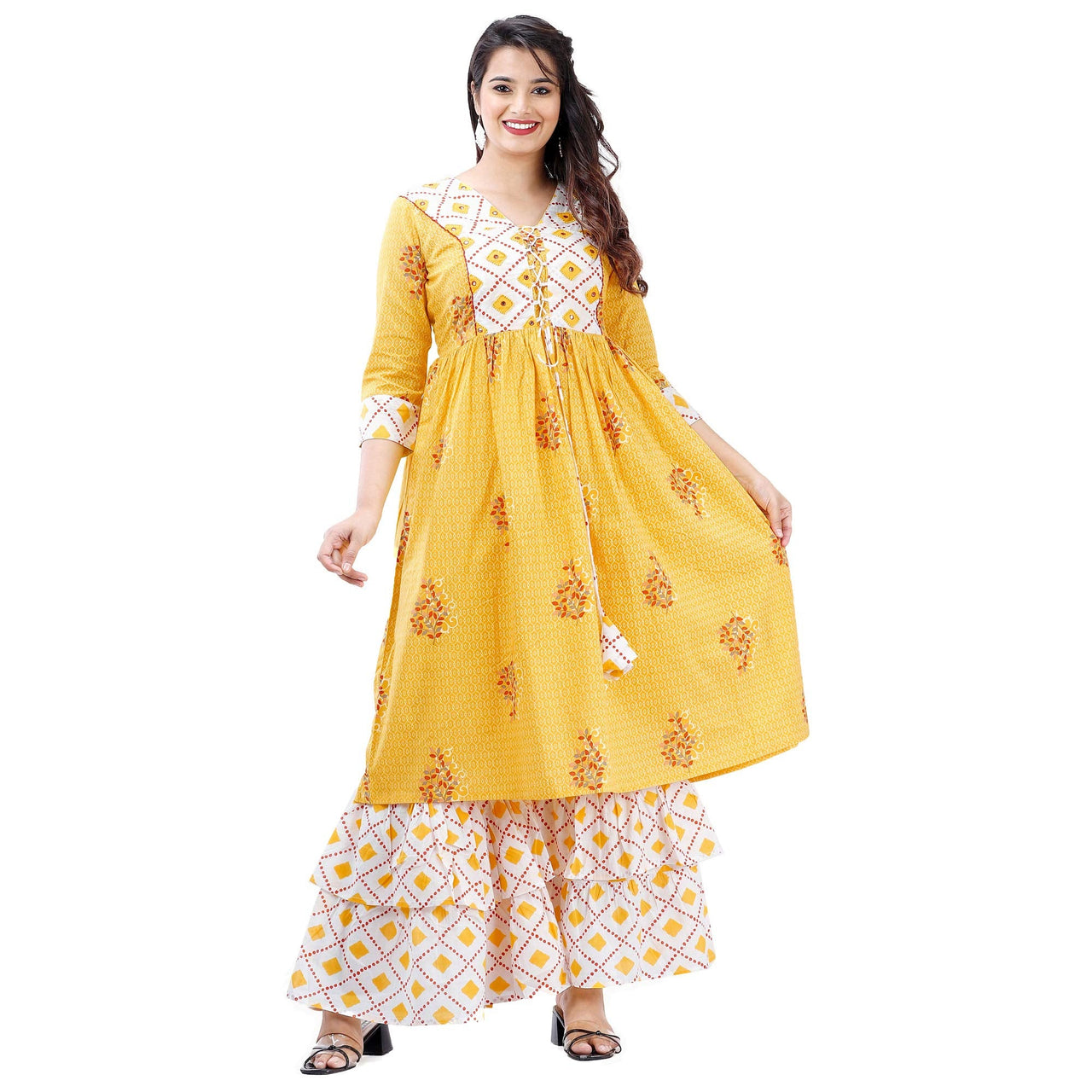 Ashta Vinayak Creations Women's  Casual Rayon Printed Flared Kurti With Sharara(AVC81_YELLOW_WHITE)