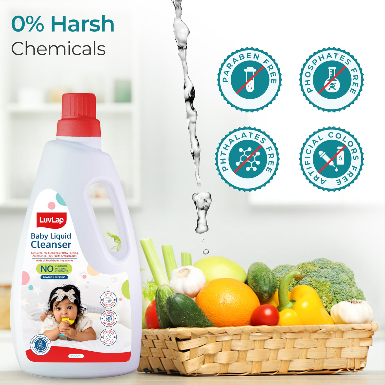 LuvLap Baby Liquid Cleanser 1000ml, For cleaning feeding bottle, cutlery, toys, fruits & vegetables, Kills 99.9% Germs, pH Balanced Dermatologically tested formula, No harsh chemicals, Bio-degradable