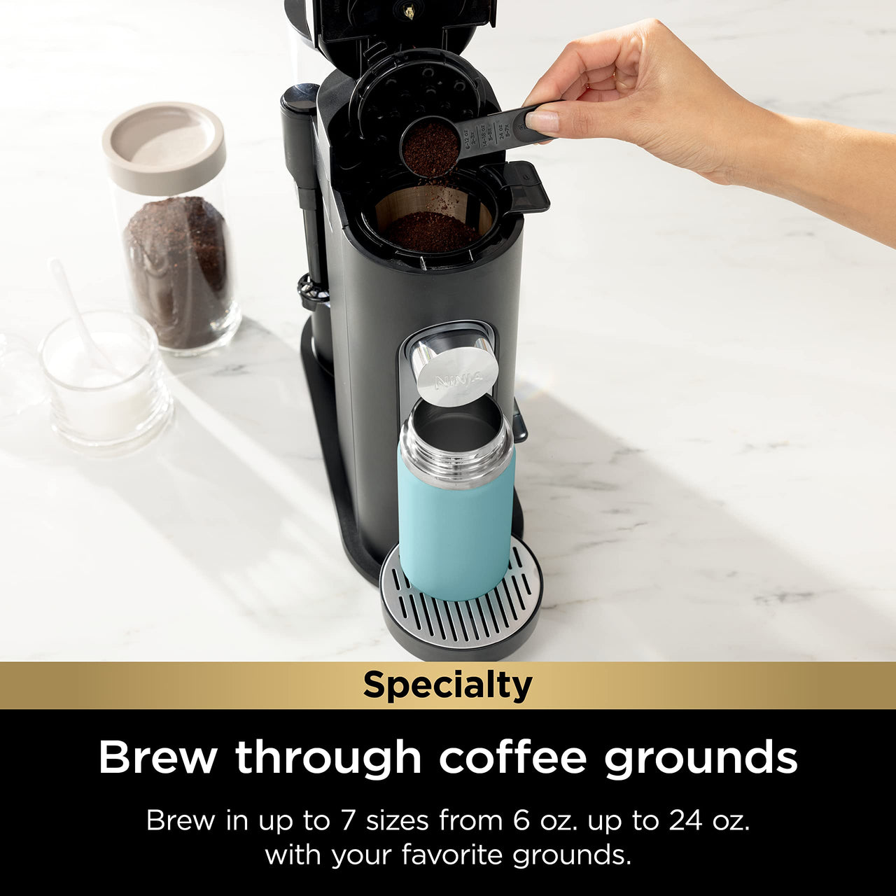 Ninja Pods & Grounds Specialty Single-Serve Coffee Maker, K-Cup Pod Compatible, Built-In Milk Frother, 6-oz. Cup to 24-oz. Travel Mug Sizes, Iced Coffee Maker, Glacier Blue, PB051GB