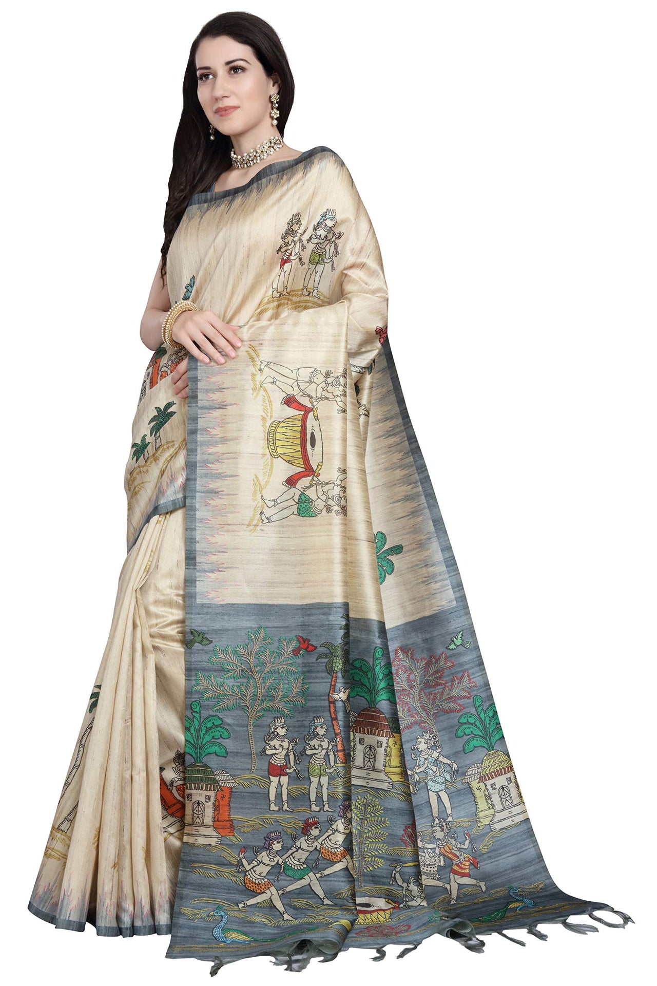 RANI SAAHIBA Women's  Printed Art Tussar Silk Bhagalpuri Saree With Blouse Piece