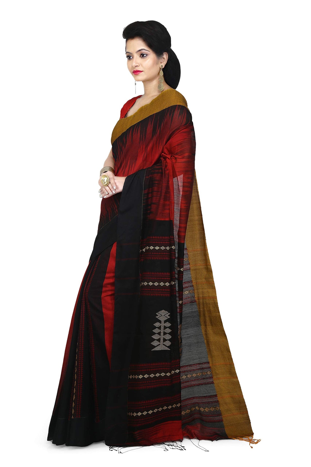 WoodenTant Women’s Ikkat Cotton Silk Saree In Pink with White Cotton Thread work