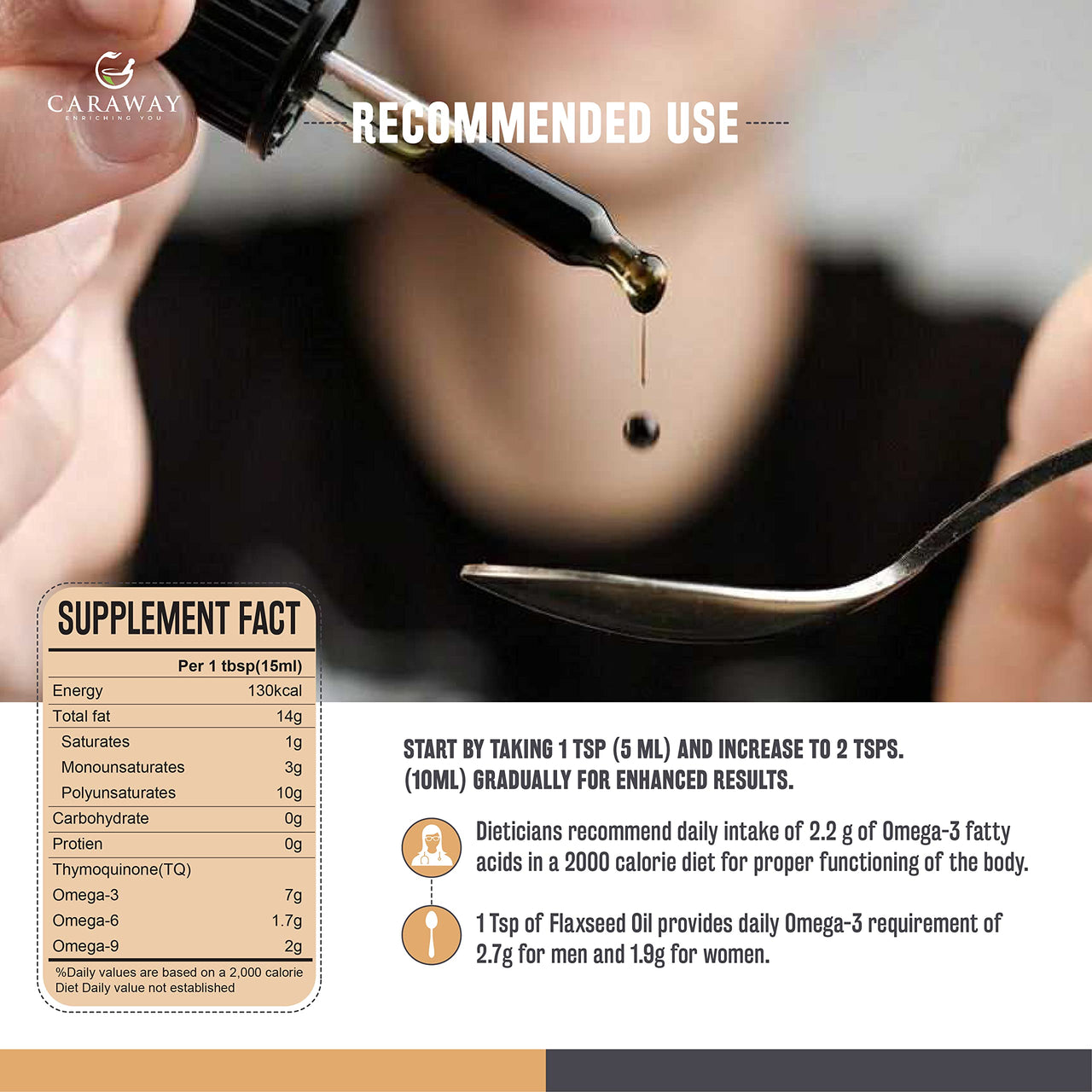 CARAWAY Certified Organic Cold pressed Flaxseed Oil 1000mg Vegan Omega 3 6 9 Supports Skin, Joint, Hair Brain, Muscles And Bones- 236 ML / 8 oz