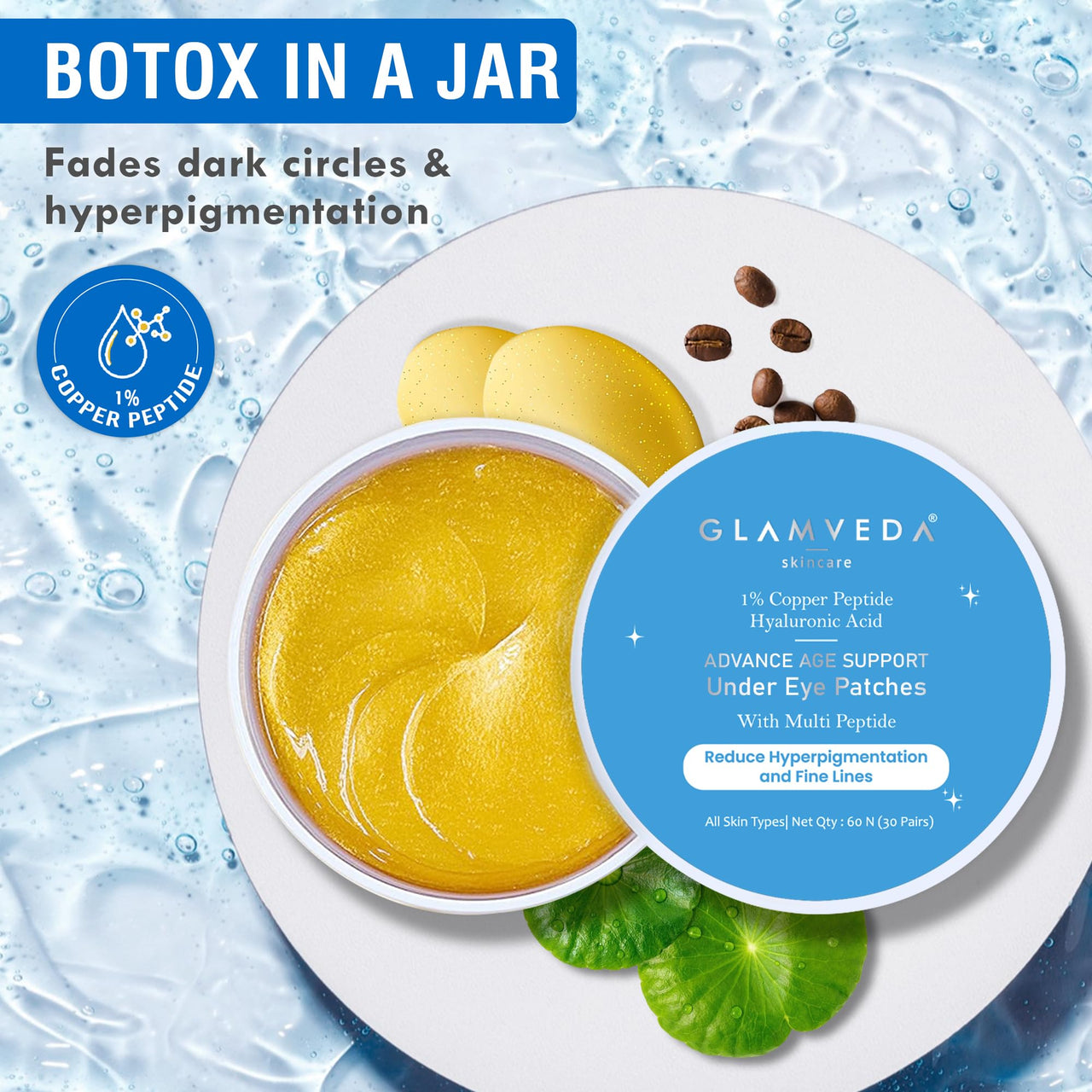 Glamveda Advanced Age Support Under Eye Patch | 1% Copper Peptide, Multi-Peptide & Hyaluronic Acid | Smooths Wrinkles, Reduces Puffiness, Fades Dark Circles & Firms | 30 Pairs