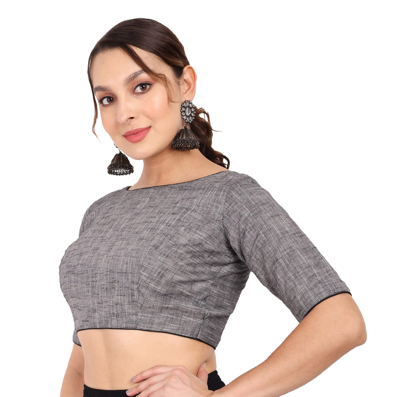 JISB Women's  Cotton Slub Stitched Saree Blouse with Elbow Length Sleeves