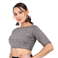 JISB Women's  Cotton Slub Stitched Saree Blouse with Elbow Length Sleeves