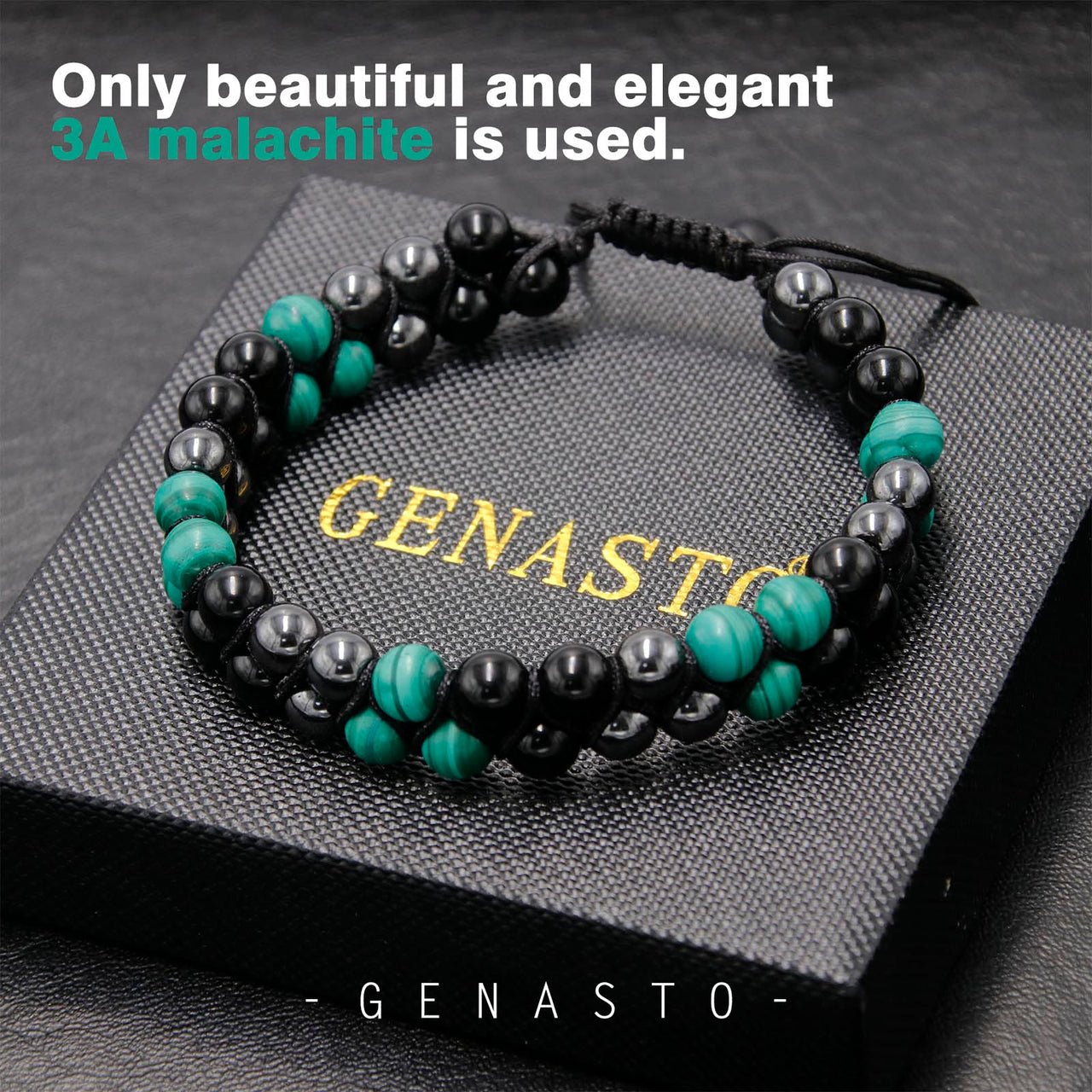 GENASTO Malachite Crystal Black Obsidian Bracelet Hematite Beads Bracelet Genuine Green Healing Crystal Stone Jewelry for Men Women