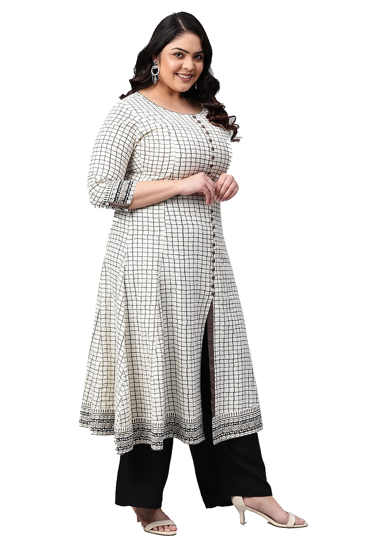 Yash Gallery Women's  Plus Size Plus Size Cotton Slub Checks Printed Anarkali Kurta for Women