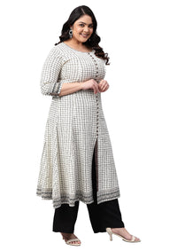 Yash Gallery Women's  Plus Size Plus Size Cotton Slub Checks Printed Anarkali Kurta for Women