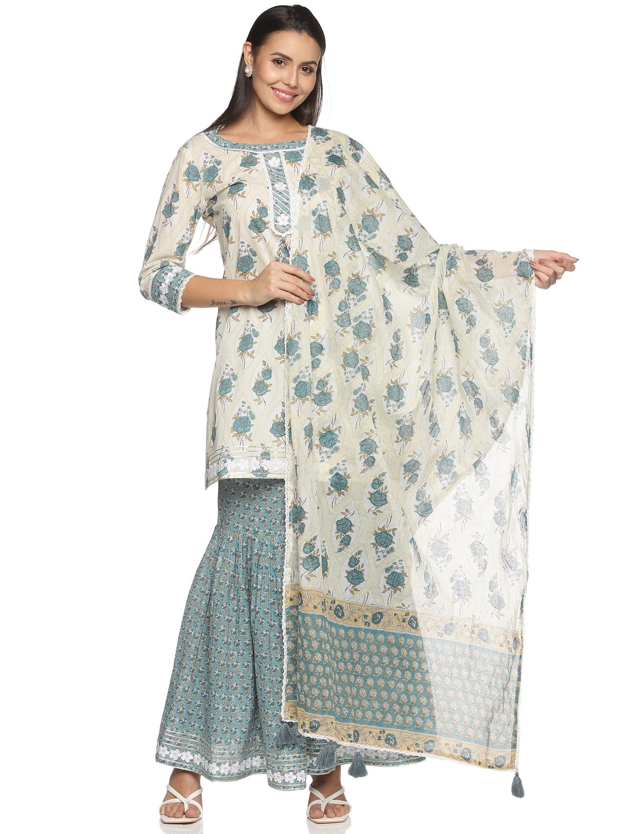 RAJMANDIRFABRICS Women's  Cotton Printed Straight Kurta Sharara With Dupatta Set