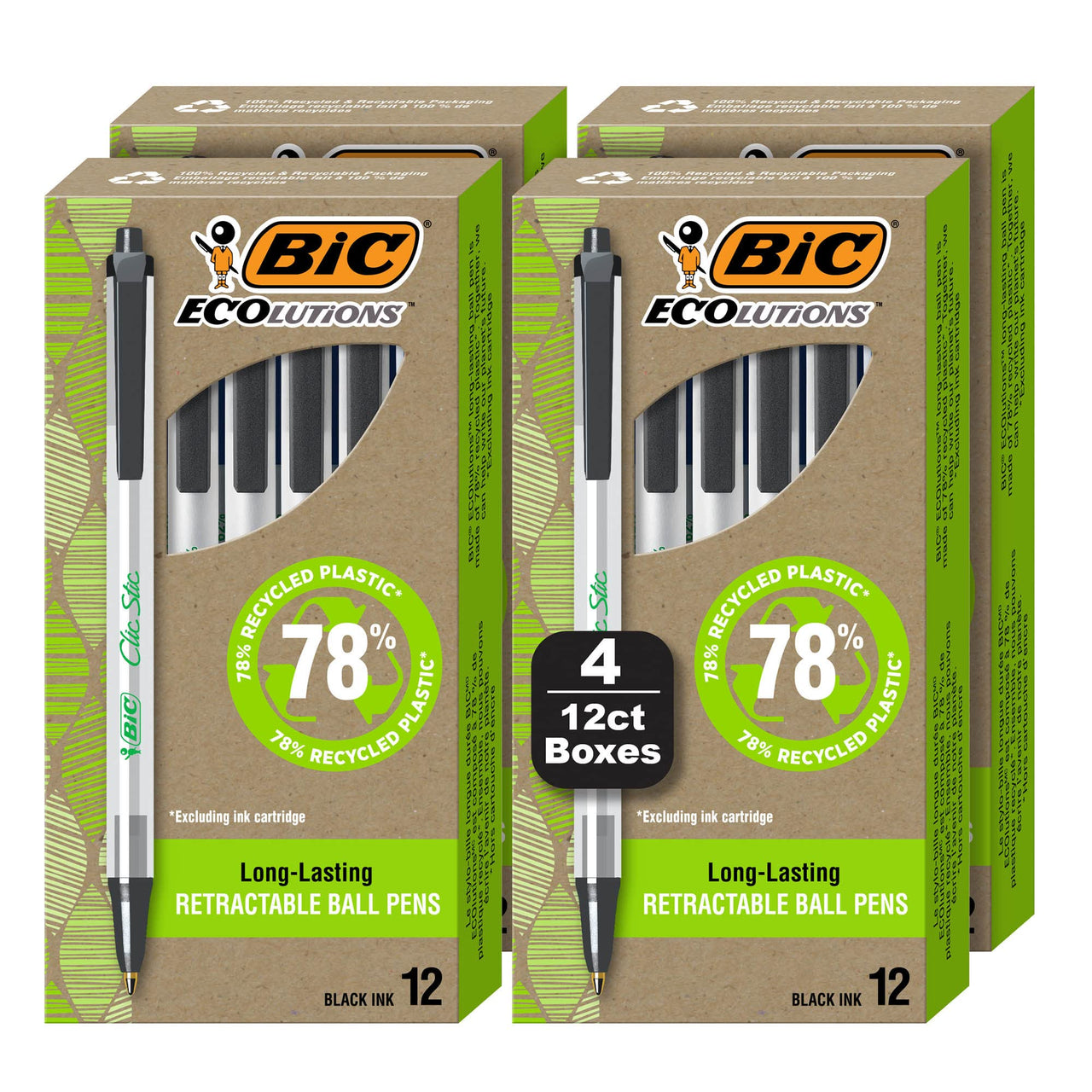 BIC ReVolution Clic Stic Retractable Ball Pen, 62% Recycled Plastic Pen, Black, Medium Point (1.0 mm), 100% Recycled Packaging, 48 Count Pack