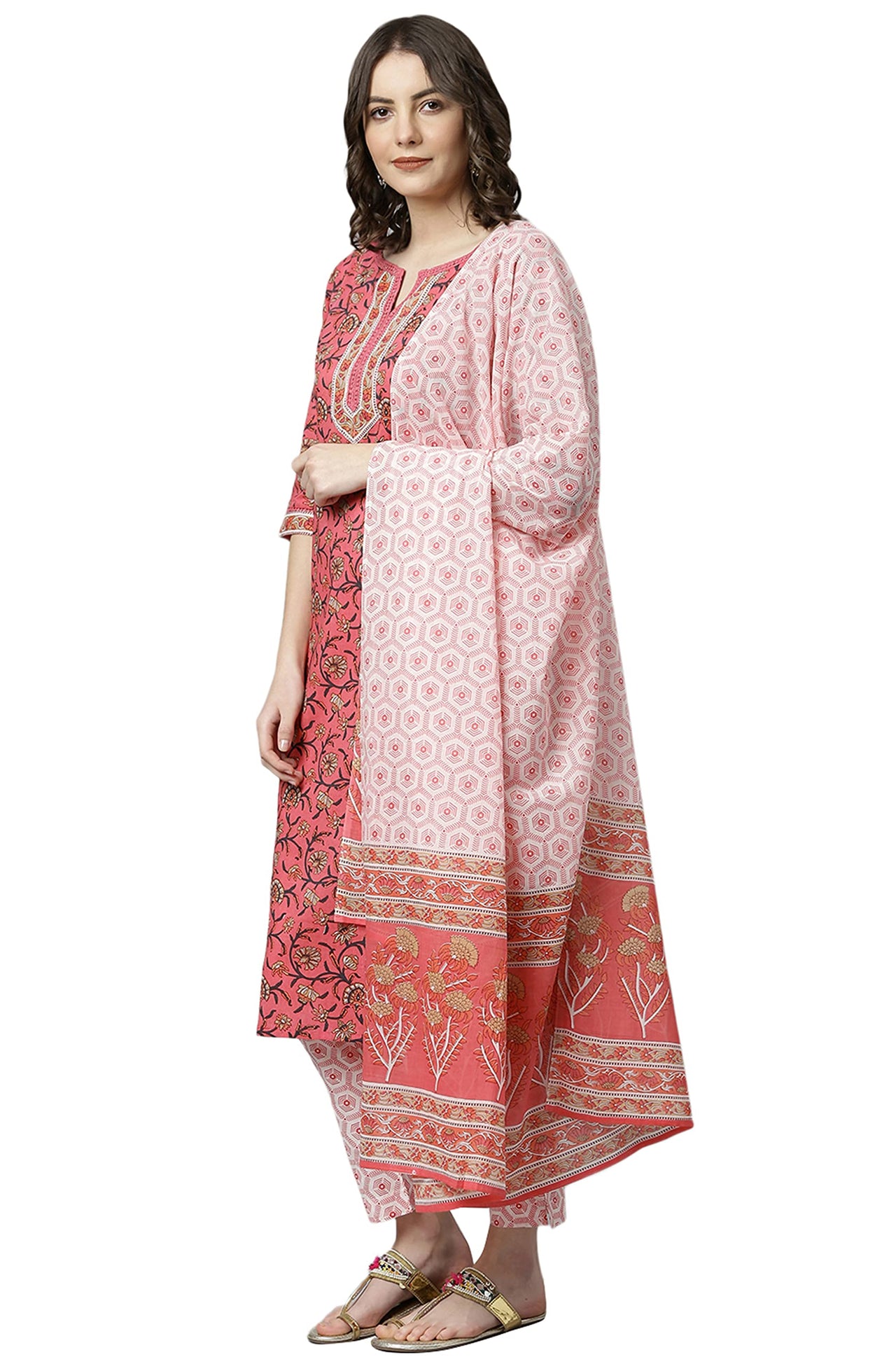 Janasya Women's  Pink Cotton Kurta Set with Pant and Dupatta