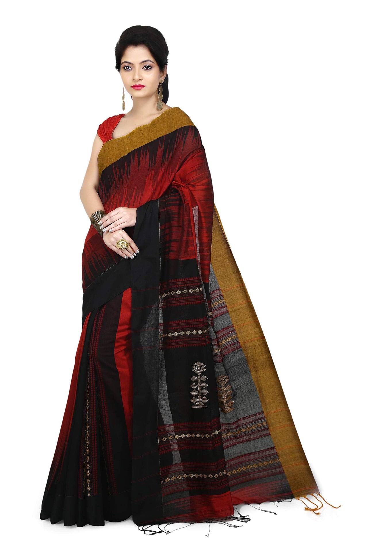 WoodenTant Women’s Ikkat Cotton Silk Saree In Pink with White Cotton Thread work