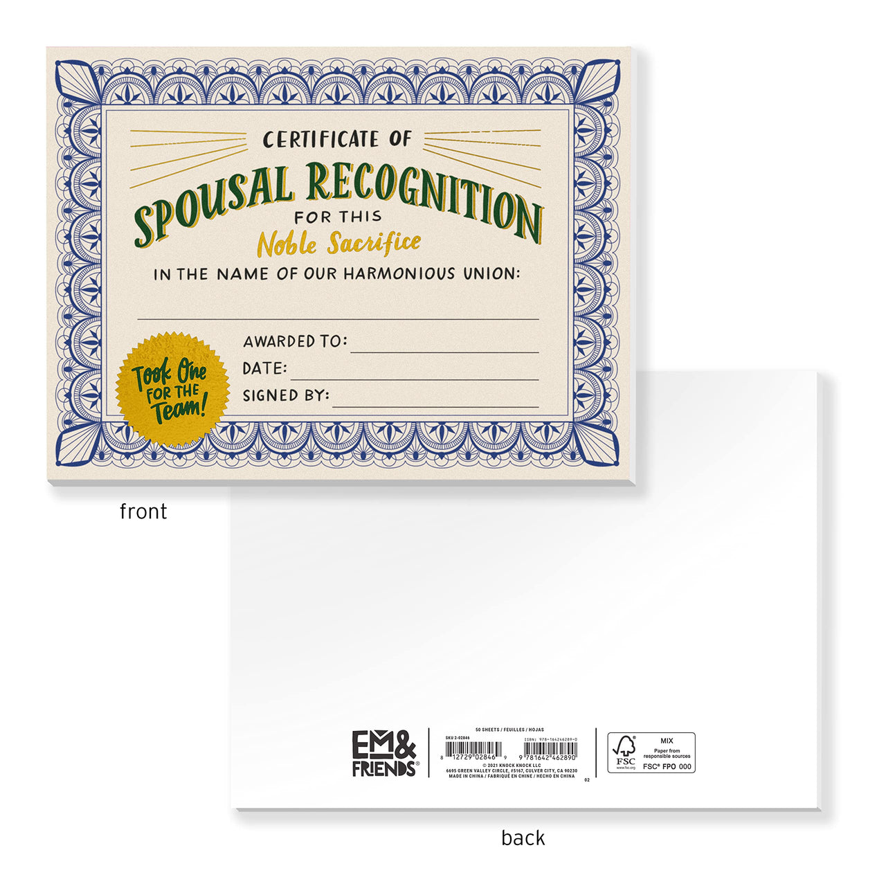 Em & Friends Spouse Recognition Wife/Husband Award Paper Certificate Note Pad & Funny Trophy Pad, 5.15 x 7-inches 5.15" x 7" Spouse Appreciation (Gold Foil)