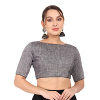 JISB Women's  Cotton Slub Stitched Saree Blouse with Elbow Length Sleeves