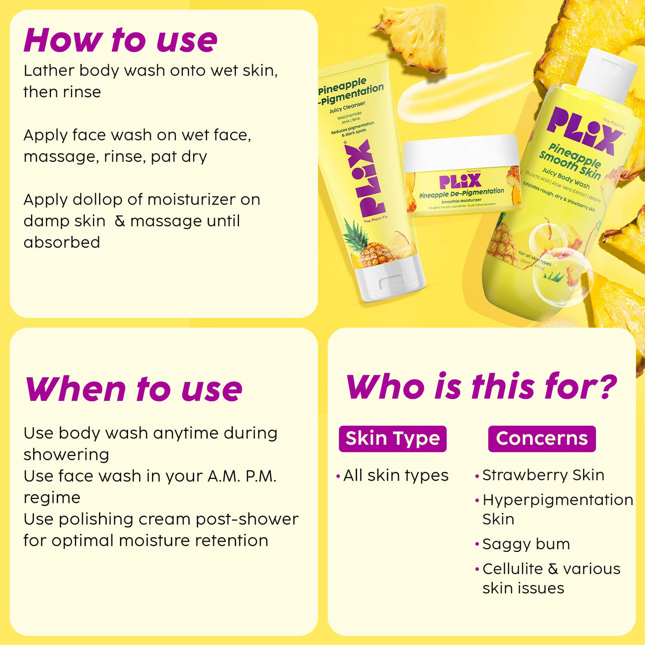 PLIX - THE PLANT FIX Pineapple Depigmentation regime for Fresh, Bright & Even Skin | With Juicy Cleanser & Body Wash & Moisturizer | Reduces Pigmentation & Dark Spots| Smoothens Strawberry Skin | For All Skin Types l Men & Women