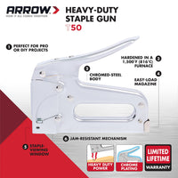 Arrow T50 Heavy Duty Staple Gun for Upholstery, Wood, Crafts, DIY and Professional Uses, Manual Stapler Uses 1/4, 5/16, 3/8