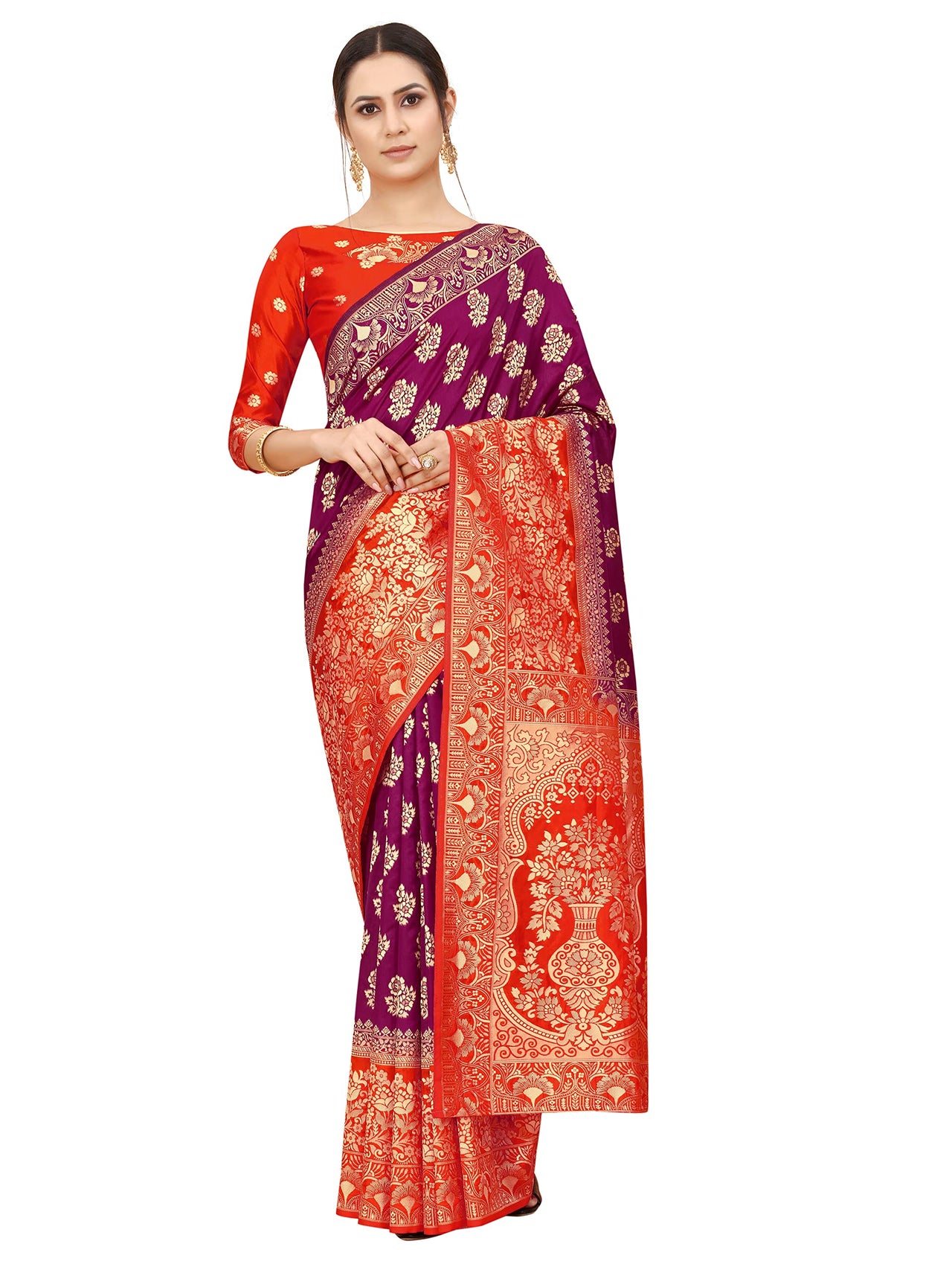 SATYAM WEAVES Women's  Banarasi Cotton Silk Saree With Blouse Piece