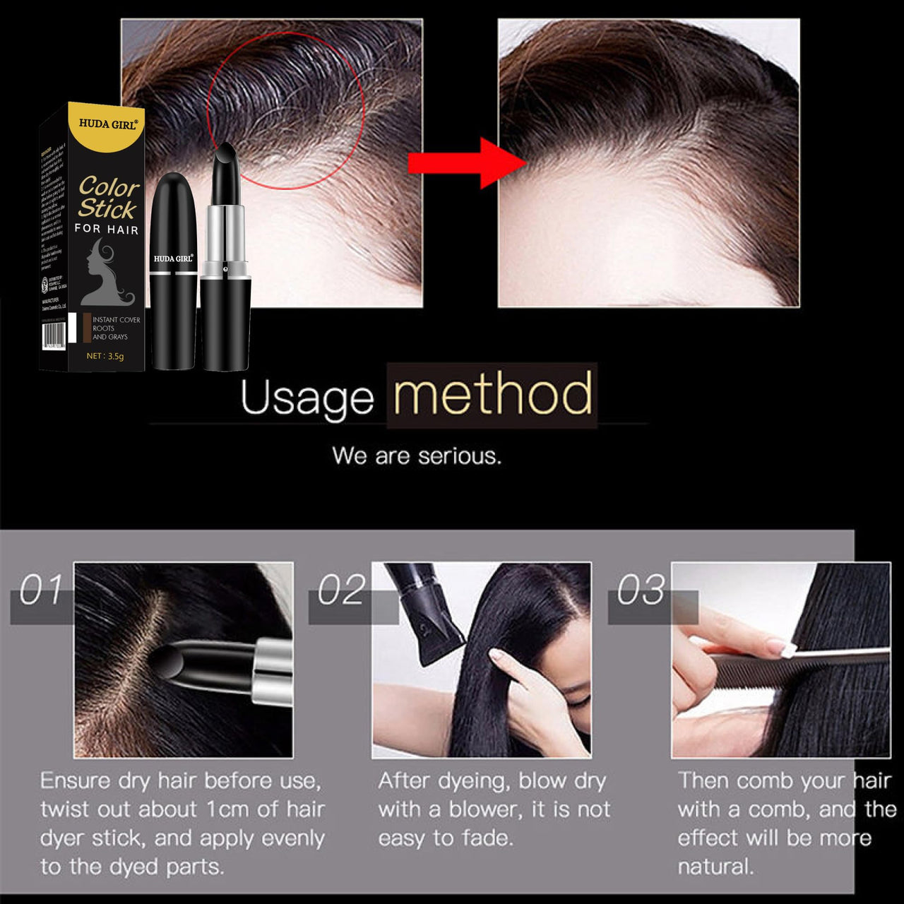 HUDA GIRL Natural Hair Color Root Touch Up For Grey Hair, Non-Toxic White Hair Coverage Touch Up Hair Dye Pencil For Men & Women (Black, 1 count)