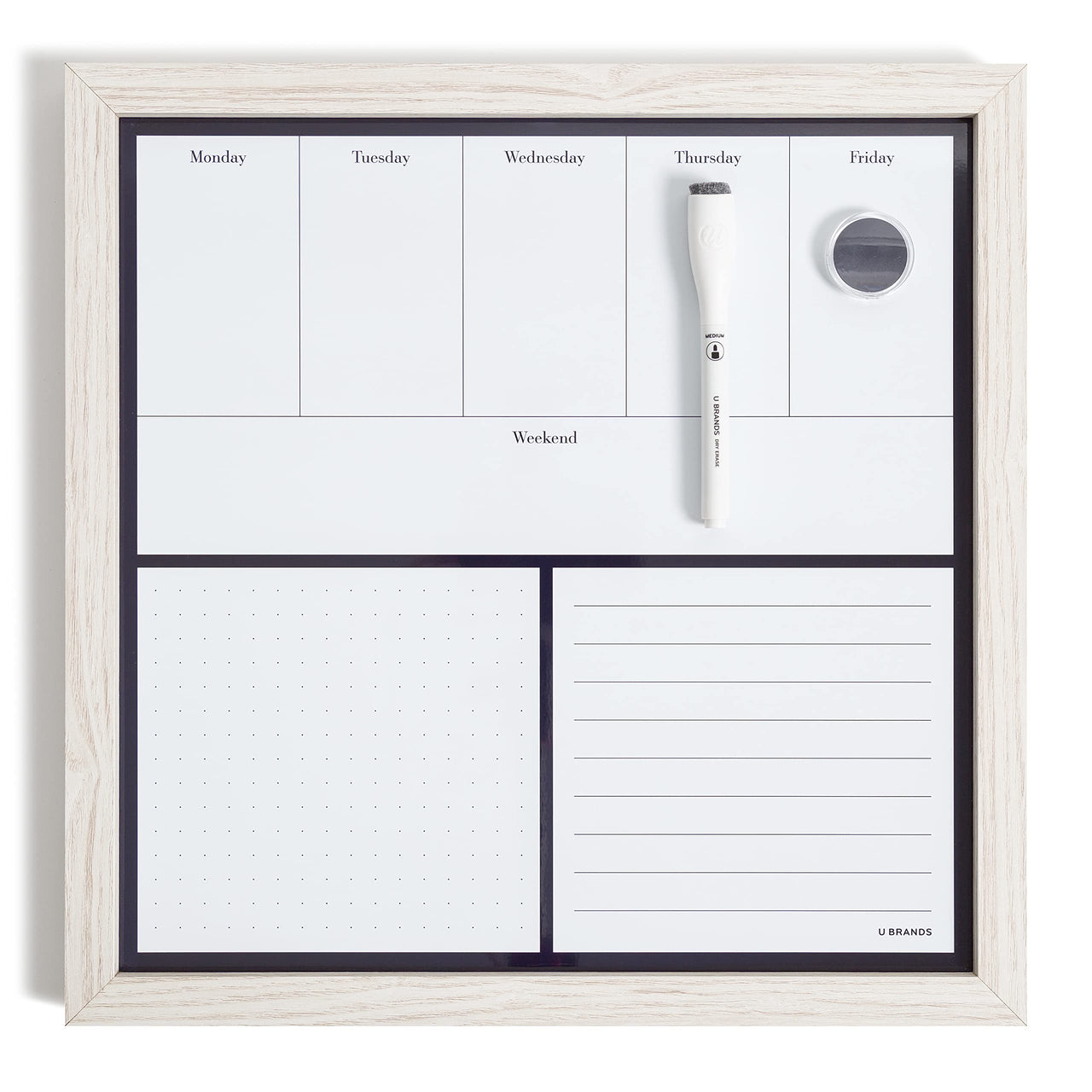 U Brands Rustic Weekly Dry Erase Planner Board, 14 x 14 Inches, Office Supplies, White Wood Frame