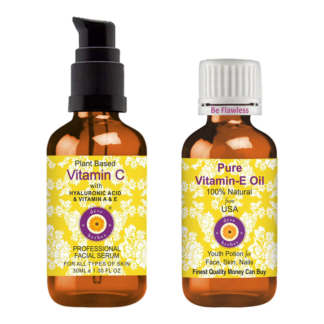 Deve Herbes Plant Based Vitamin C Face Serum with Hyaluronic Acid & Vitamin A & E for Personal Care 30ml + Pure Vitamin E Oil 30ml