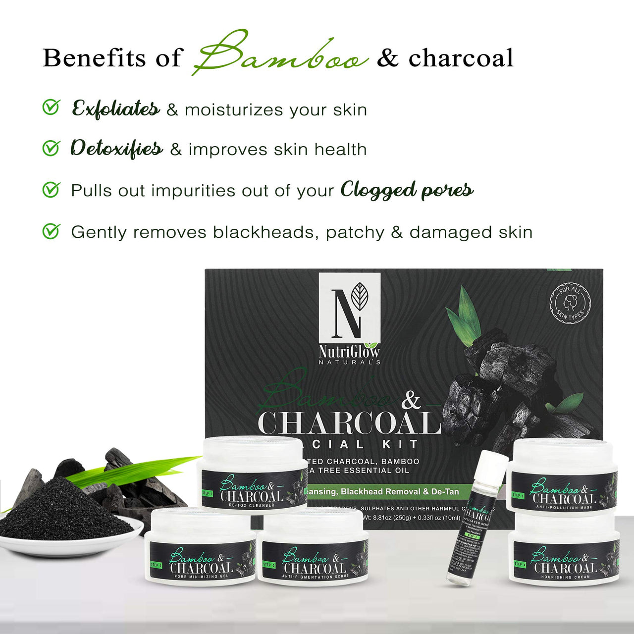 NutriGlow Natural’s Bamboo Charcoal Facial Kit with Activated Charcoal for Deep Cleansing, (250g+10ml)