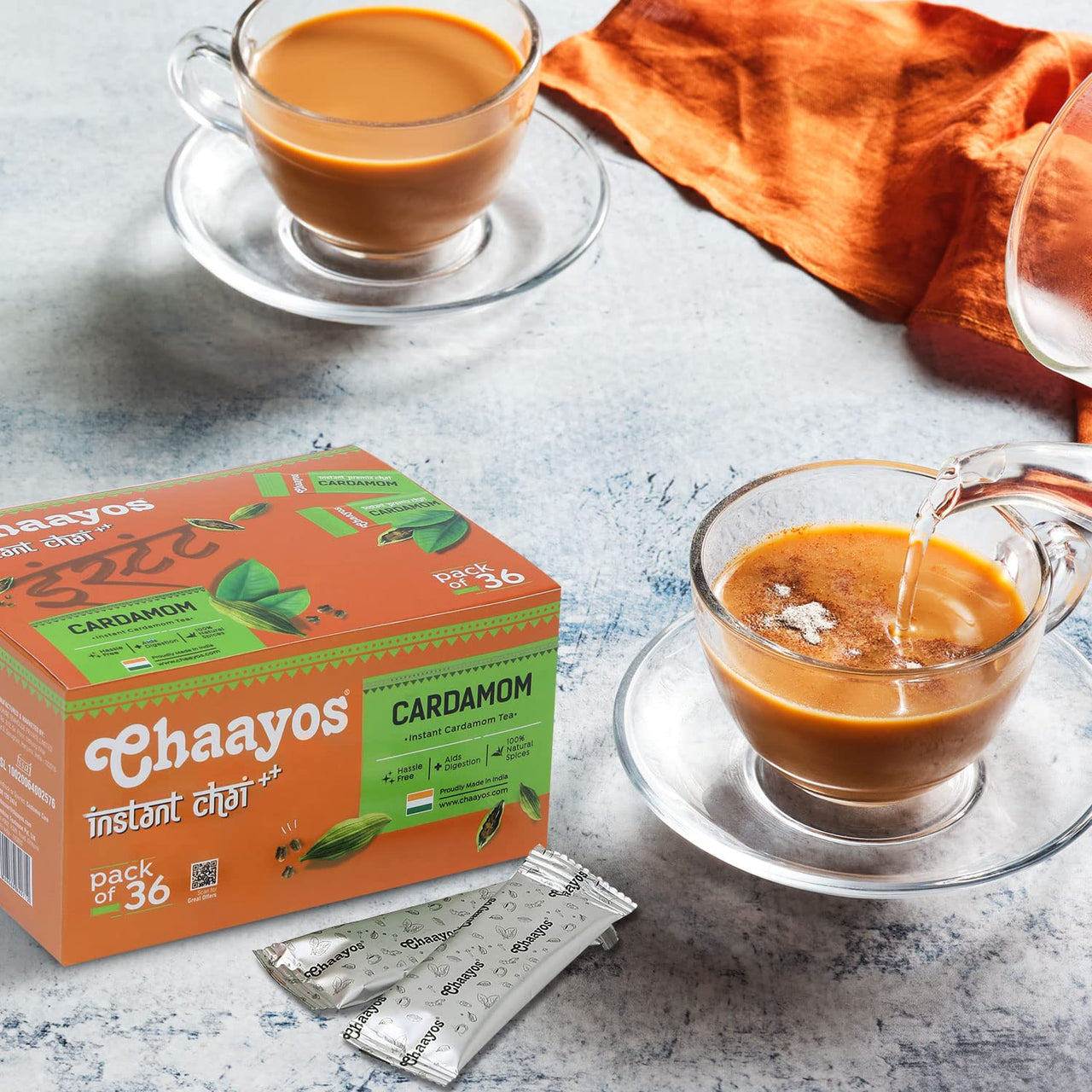 Chaayos Instant Assam Tea Powder Premix|Cardamom|Regular Sugar (14G * 36 Sachets)|Elaichi Chai|Cardamom Tea|1 Min Chai|Assam Tea|Masala Tea Premix,510 Gm