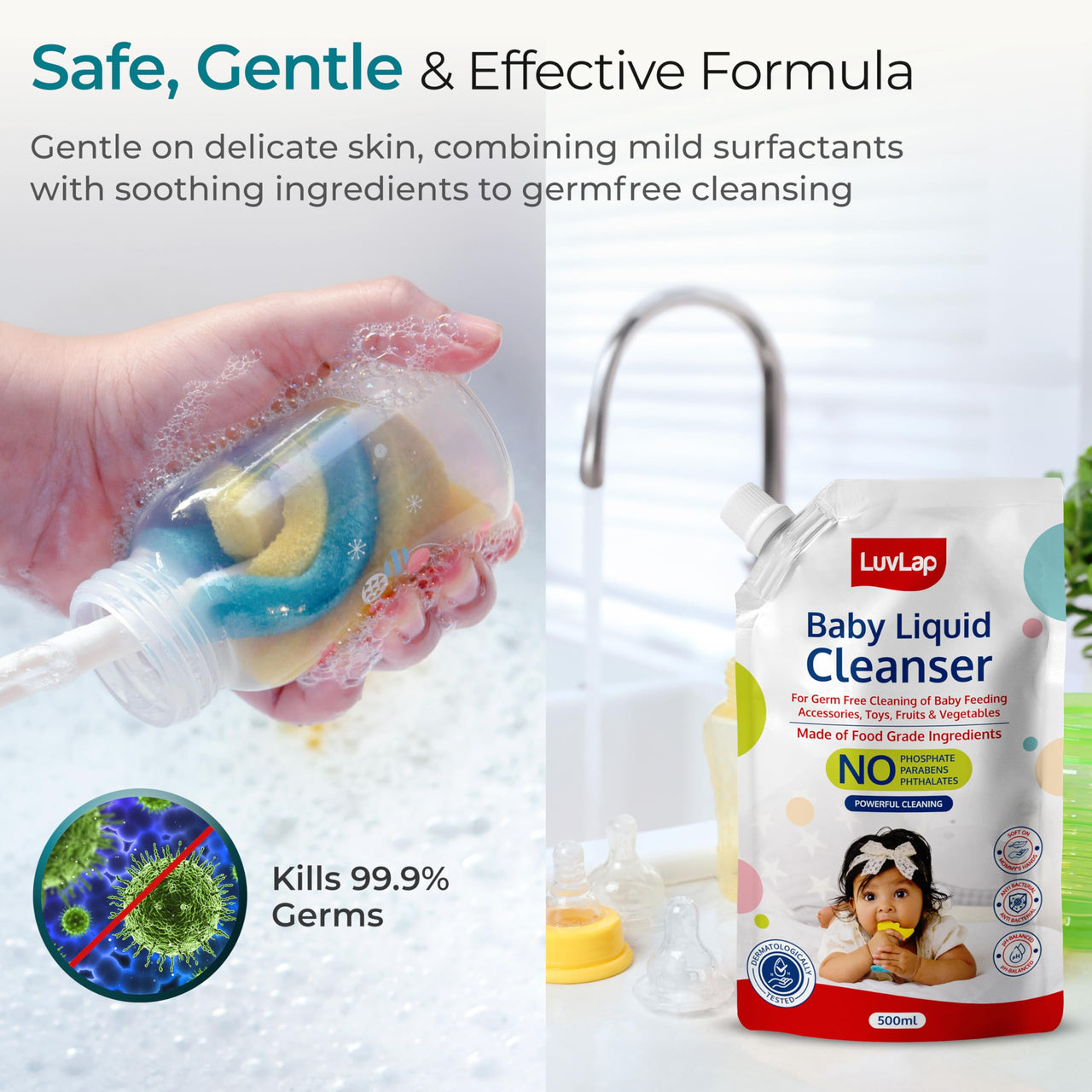LuvLap Baby Liquid Cleanser Refill pack- 500ml, For cleaning feeding bottle, cutlery, toys, fruits & vegetables, Kills 99.9% Germs, pH Balanced Dermatologically tested formula, No harsh chemicals