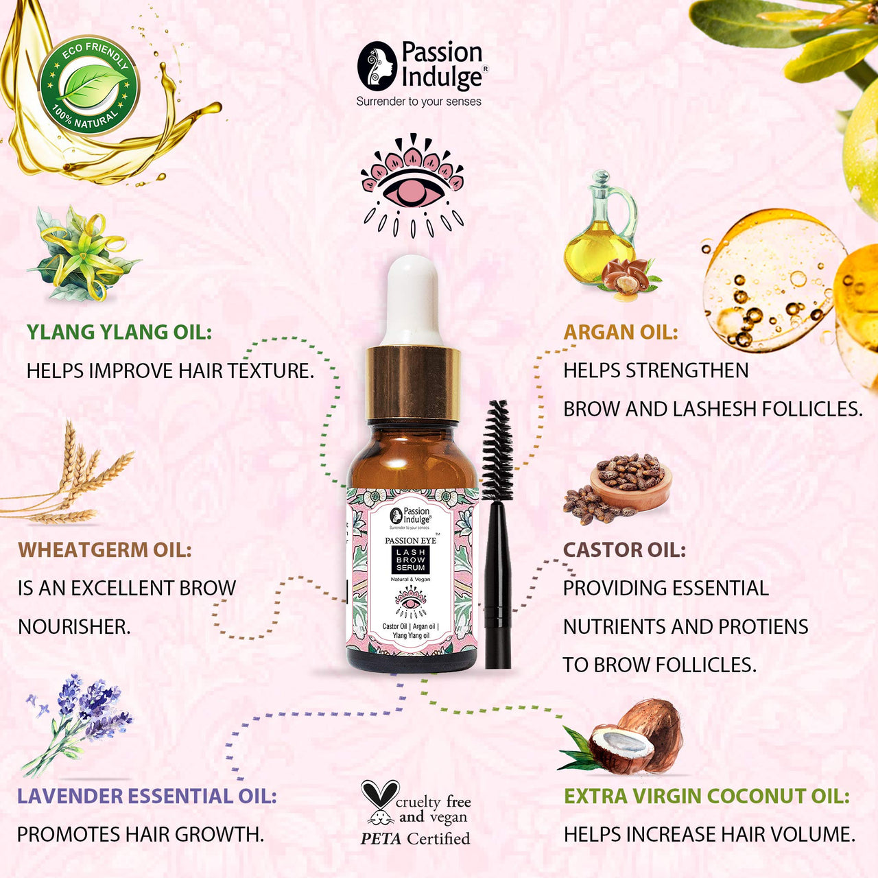 Passion Indulge Eye Lash Brow Serum for Eyebrow and Eyelashes with Castor, Argan, Ylang Ylang and Lavender Oil - 10ml | Growth of Eyebrow and Eyelashes | Maintain the Thickness, White, 50 g