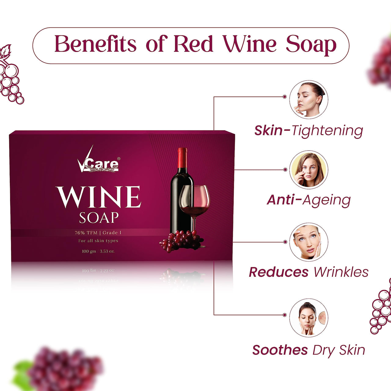 VCare Red Wine Bathing Bar/Soap for Body, Hand, Face 100 gm - Helps to Reduce Fine Lines and Wrinkles for Men and Women (Pack of 4)