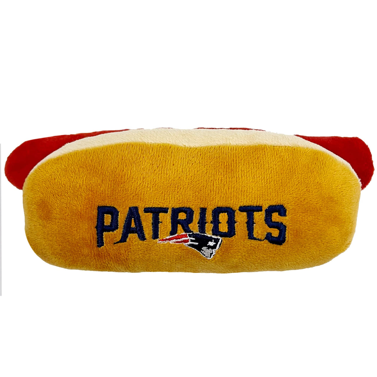 Pets First NFL New England Patriots HOT Dog Plush Dog & CAT Squeak Toy - Cutest HOT-Dog Snack Plush Toy for Dogs & Cats with Inner Squeaker & Beautiful Football Team Name/Logo 8 x 5 x 3 Inches NFL Stadium Hot Dog Toy