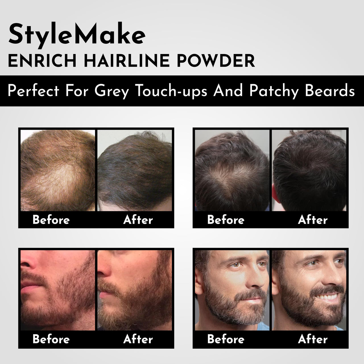 StyleMake Enrich Hairline Powder for Women & Men | Root Touch Up for Grey Hair | Toppers | Cover-Up Powder | Instantly Covers Loss, Patches, and Grey on Beard (Black, 4 g)