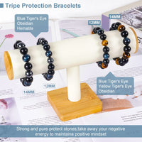 Vicsoon Triple Protection Bracelets for Men Women, 14mm Blue Yellow Tigers Eye Black Obsidian Healing Crystal Jewelry Stone, Handmade Bead Bracelets Bring Luck, Prosperity, and Happiness Blue Yellow Black