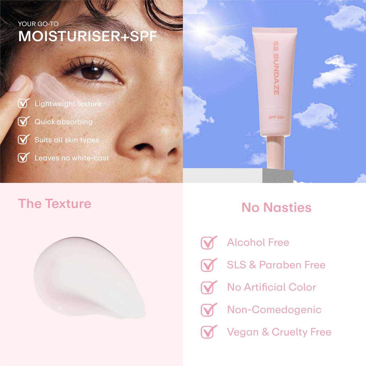 52 Sundaze Collagen Glow SPF50 Sunscreen Cream for Face | SPF 50+ PA++++ Sunscreen | Invisible Sun Screen | Broad Spectrum | For Oily & Dry Skin | No White Cast | Men & Women | 50 g