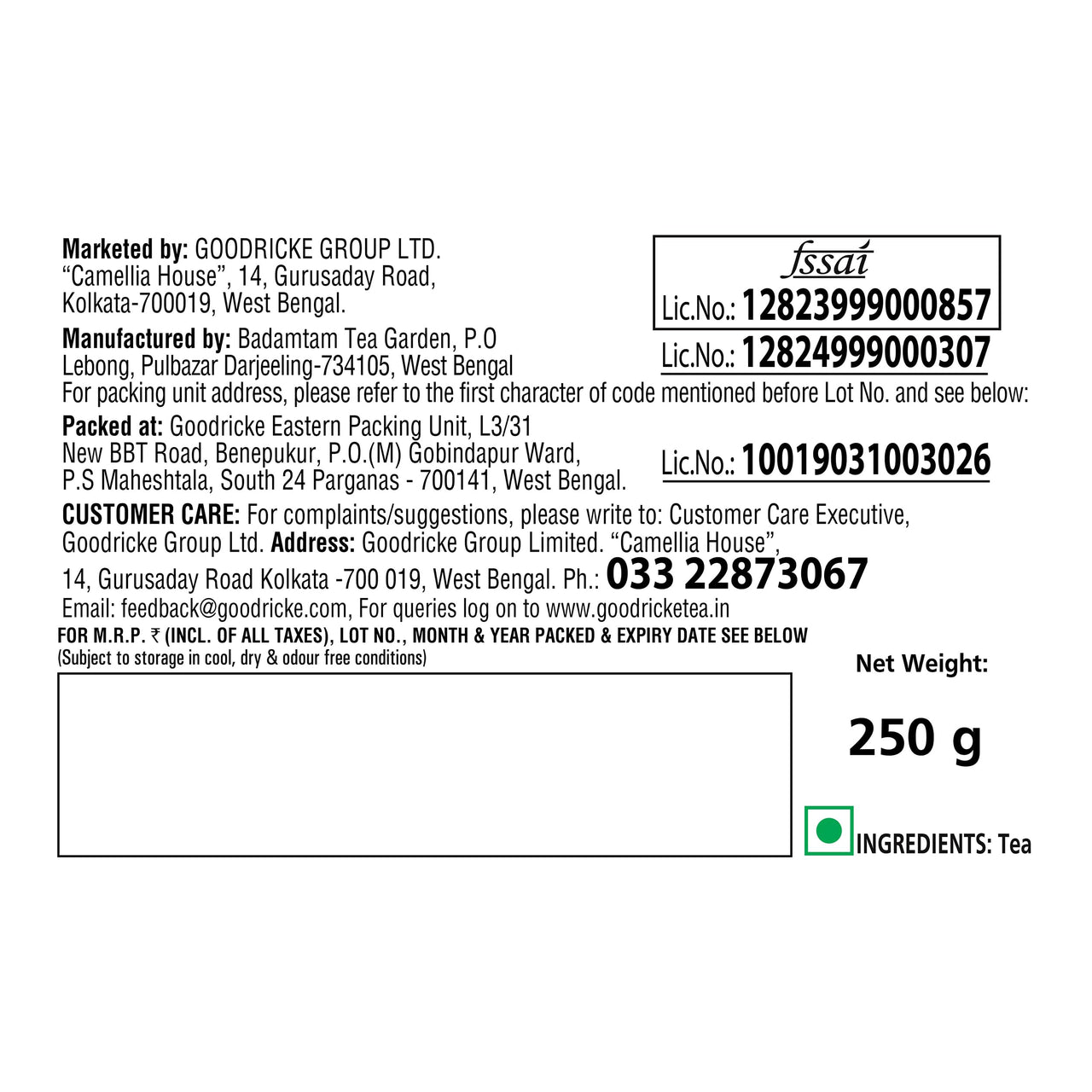 GOODRICKE Badamtam Darjeeling Tea - 250 Gm|100% Pure And Organic Premium Whole Leaf|Single Estate|Black Tea|Sweet Lasting Aftertaste - Loose Leaves