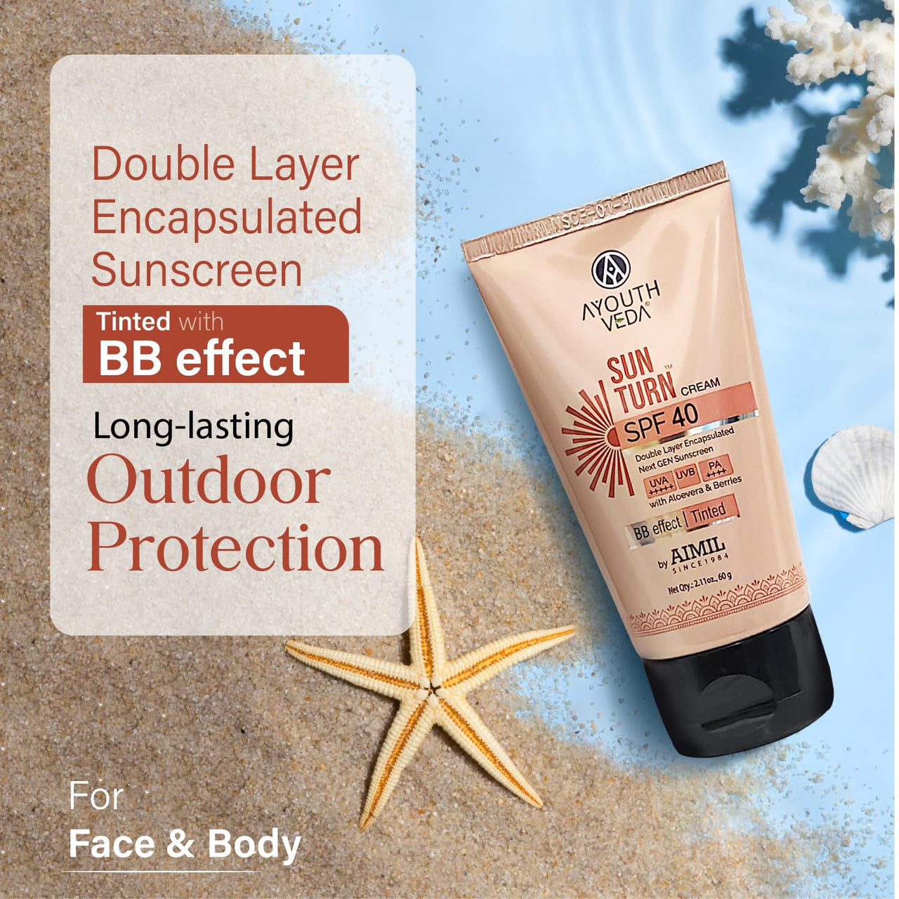 Ayouthveda Sun Turn Cream SPF 40 - Double Layer Encapsulated Sunscreen - Tinted with BB Effect - PA++++ - UVA(+++++)/UVB Protection - Blue Light Defense - Enriched with Zinc Oxide, Aloe Vera & Berries - Net.Qty:- 60g