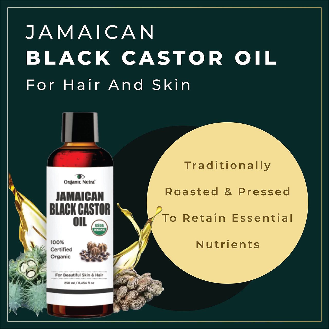 Organic Netra Sindoor/Kumkum Paste -8gm and Organic Netra Cold Pressed Jamaican Black Castor Oil for Hair Growth - 250ml