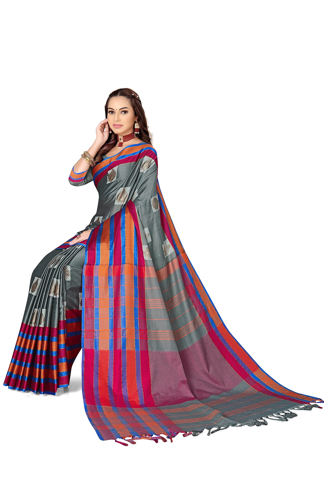 GRECIILOOKS Women's  Art Cotton Silk With Golden Border Printed Soft Silk Saree With Blouse Piece