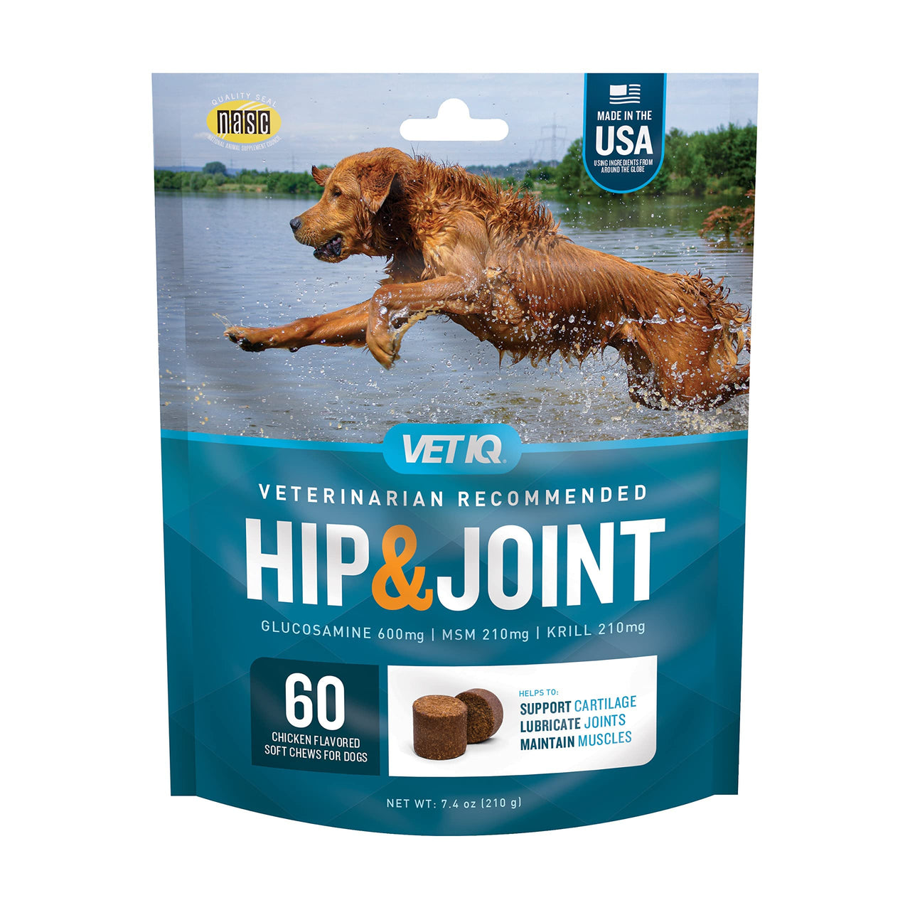 VetIQ Glucosamine Hip & Joint Supplement for Dogs, 60 Soft Chews, Dog Joint Support Supplement with MSM and Krill, Dog Health Supplies Large & Small Breed, Chicken Flavored Chewables Standard Strength 60 Count (Pack of 1)