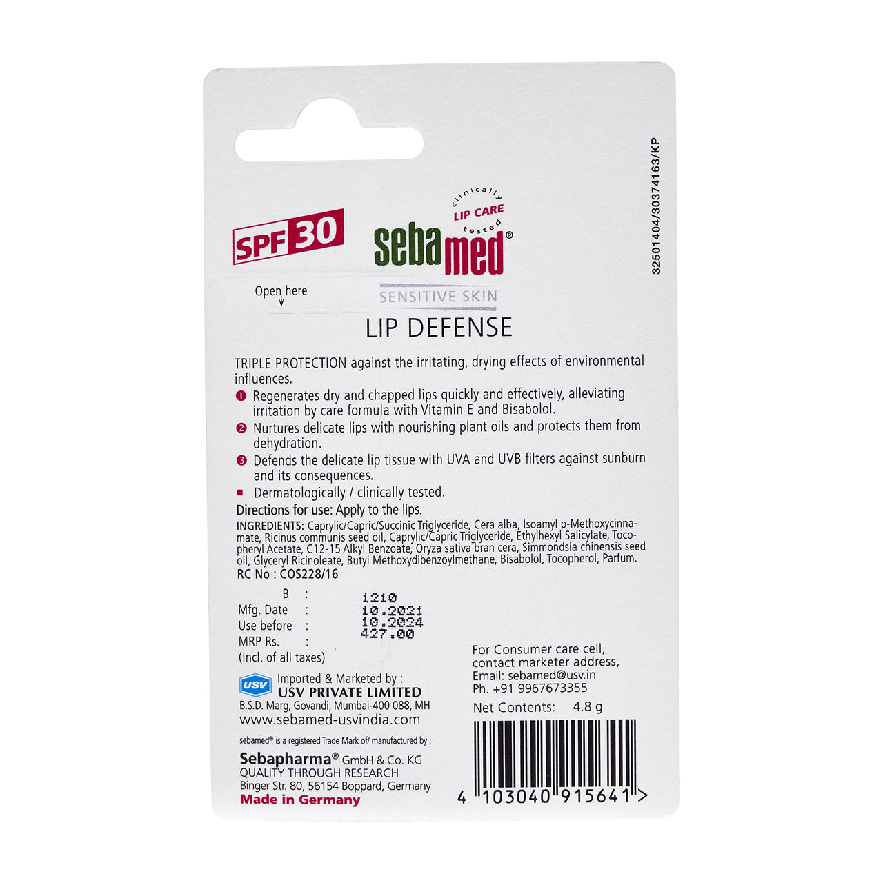SebaMed Lip Defense Lip Balm With Spf 30 + Vit E | Regenerates Dry, Chapped Lips | Intensive Care With Vit E, Jojoba Oil & Chamomile | Clinically Tested | 4.8 Gm, White | Pack of 4