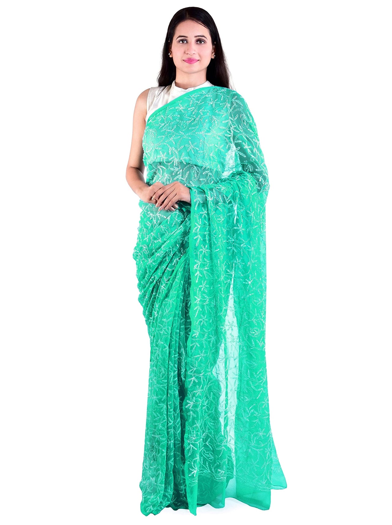 Lavangi Women's  Lucknow Chikankari Tepchi Work Georgette Saree