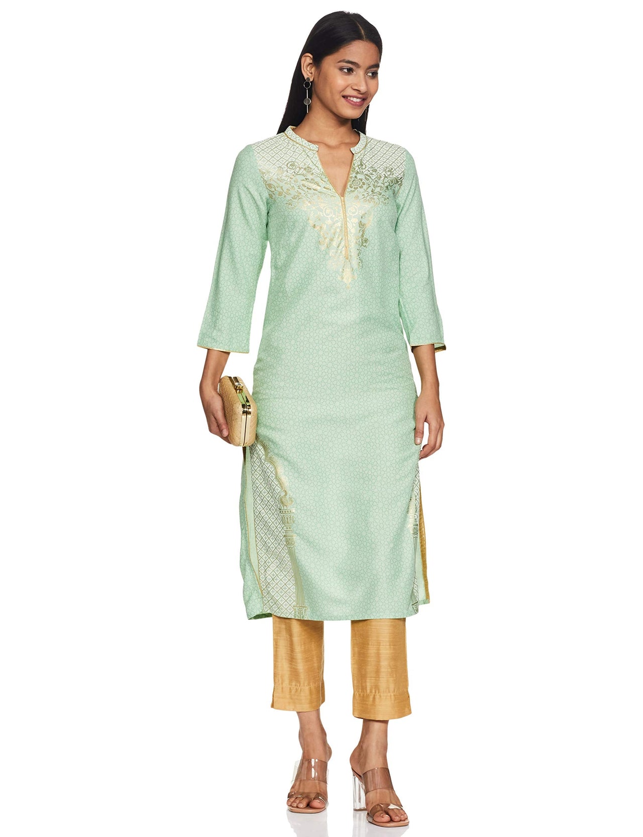 Aurelia Women's  Rayon Straight Kurta Light Green M