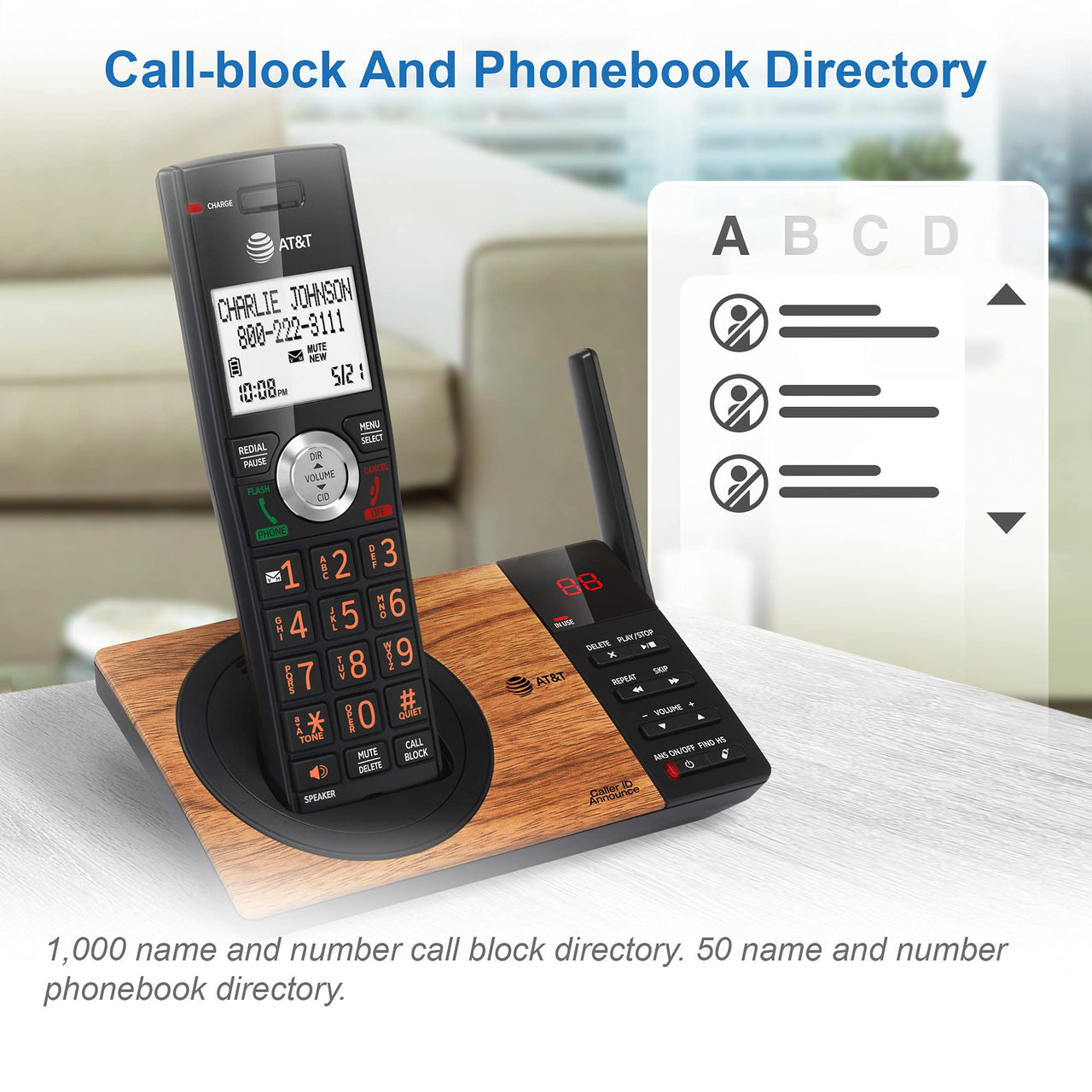 AT&T CL80067 Accessory Handset for CL82x07, CL82x57, CL82x67, CL83x07, CL84x07 Series Cordless Phone for Home with Call Blocking, Caller ID Announcer, Intercom, and Long Range, Black/Wood Grain Finish Expansion Handset Only