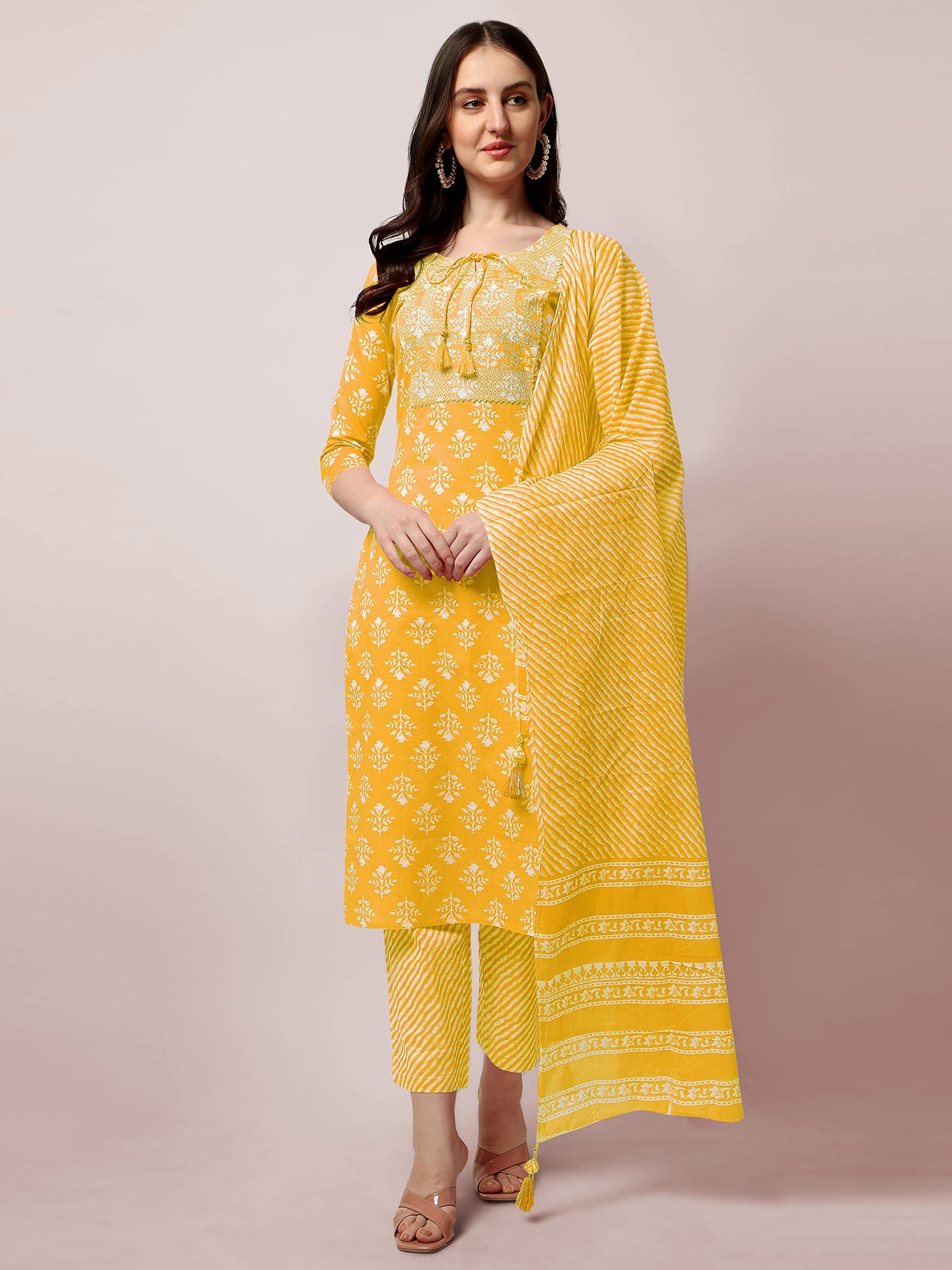 SOURBH Women's  Stylish Straight Fit Cotton Ethnic Block Motif Printed Kurta Set with Trouser Pant and Dupatta