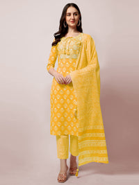 SOURBH Women's  Stylish Straight Fit Cotton Ethnic Block Motif Printed Kurta Set with Trouser Pant and Dupatta