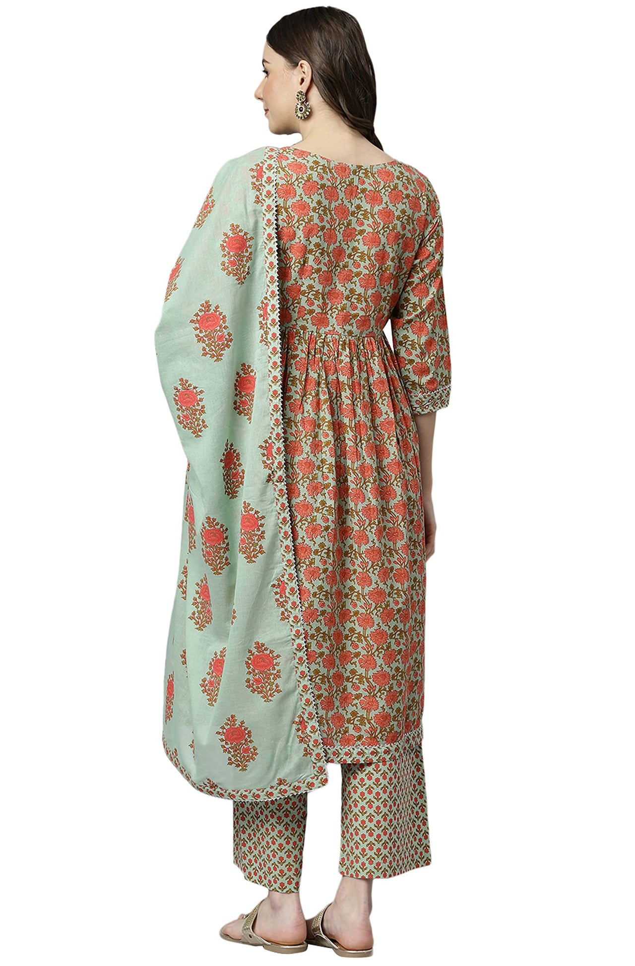 Janasya Women's  Light Green Cotton Kurta With Palazzo And Dupatta