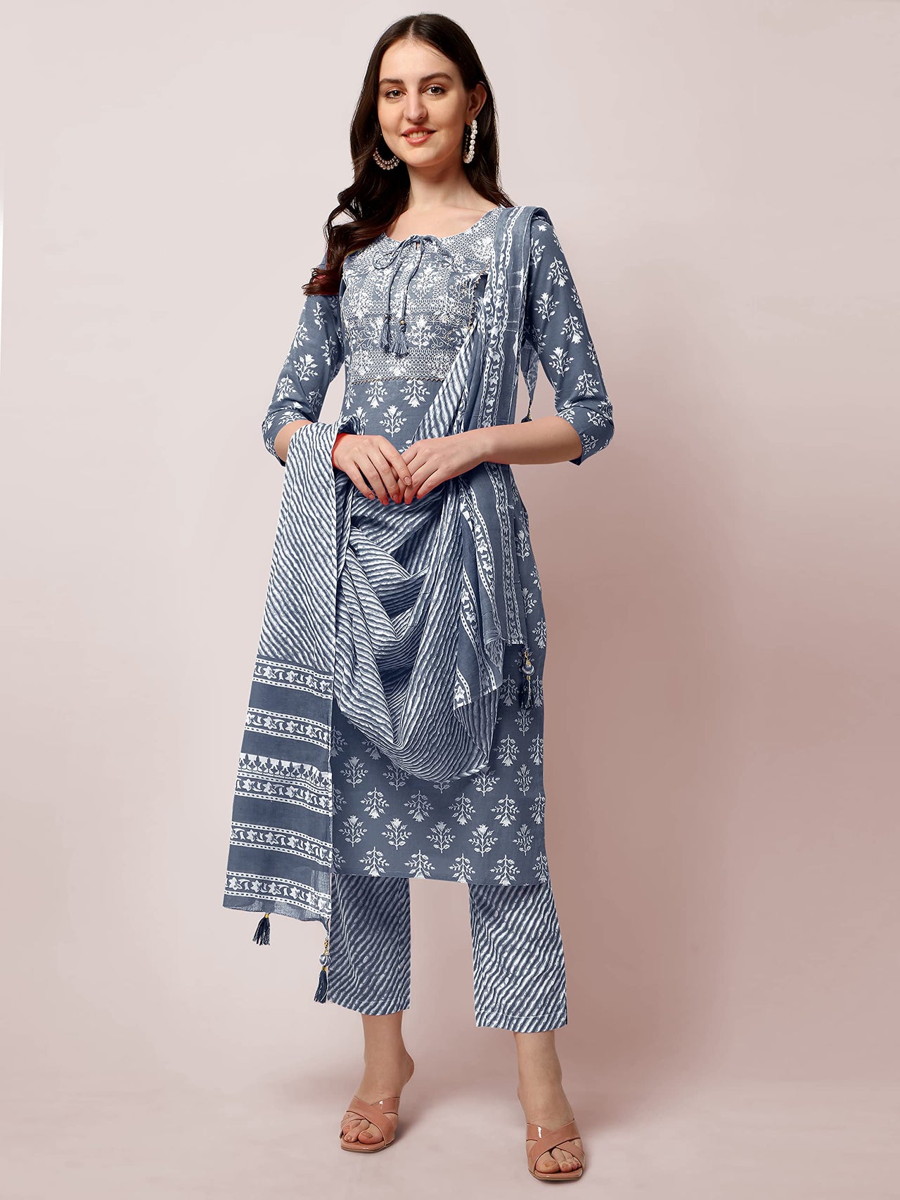 SOURBH Women's  Stylish Straight Fit Cotton Ethnic Block Motif Printed Kurta Set with Trouser Pant and Dupatta