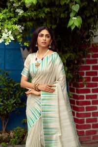 NK Textiles Women's  Ikat Woven Tussar Silk Saree with Tassels