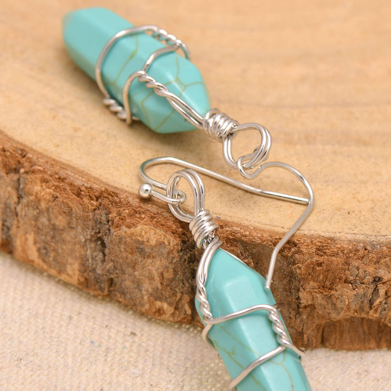 Enhanced Turquoise Wire Wrapped Point Crystal Earrings for Women Reiki Energy Healing Created Turquoise