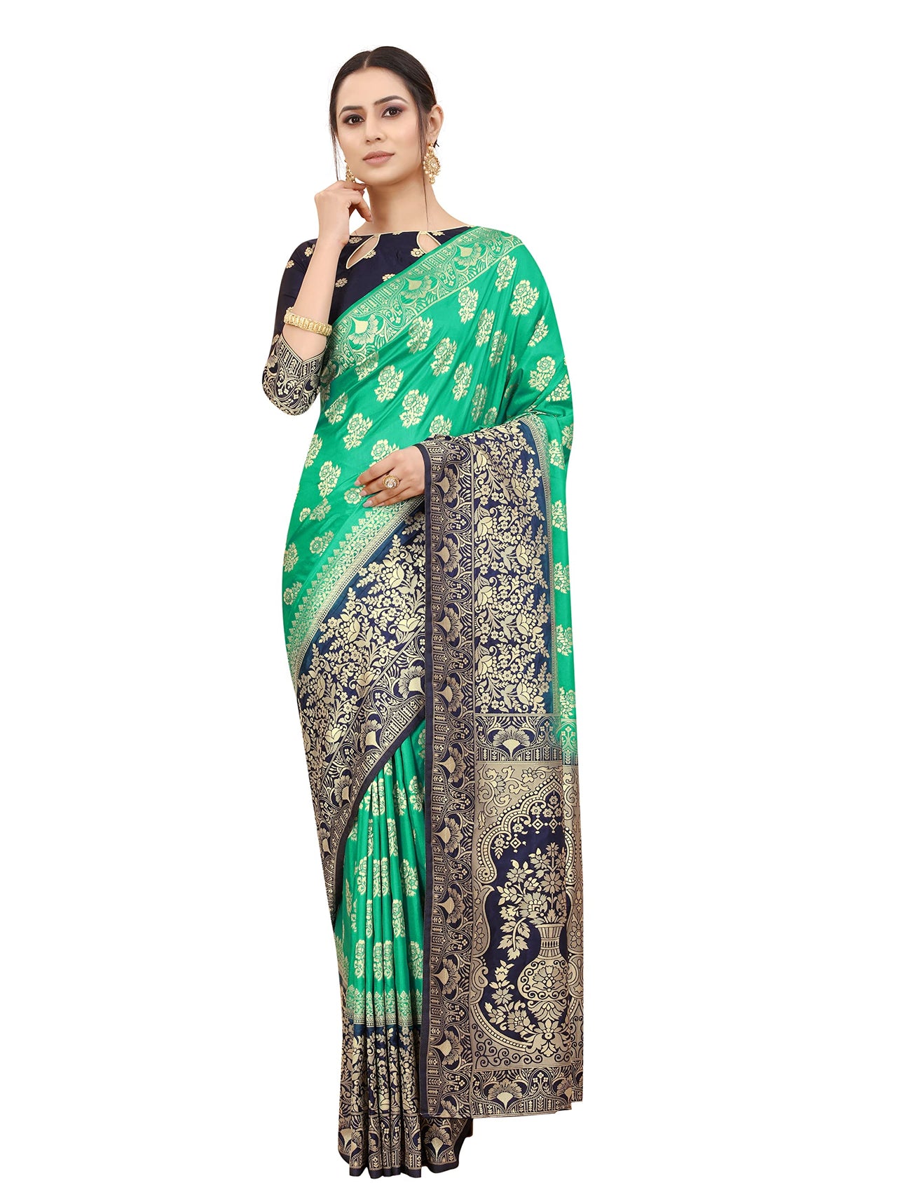 SATYAM WEAVES Women's  Banarasi Cotton Silk Saree With Blouse Piece