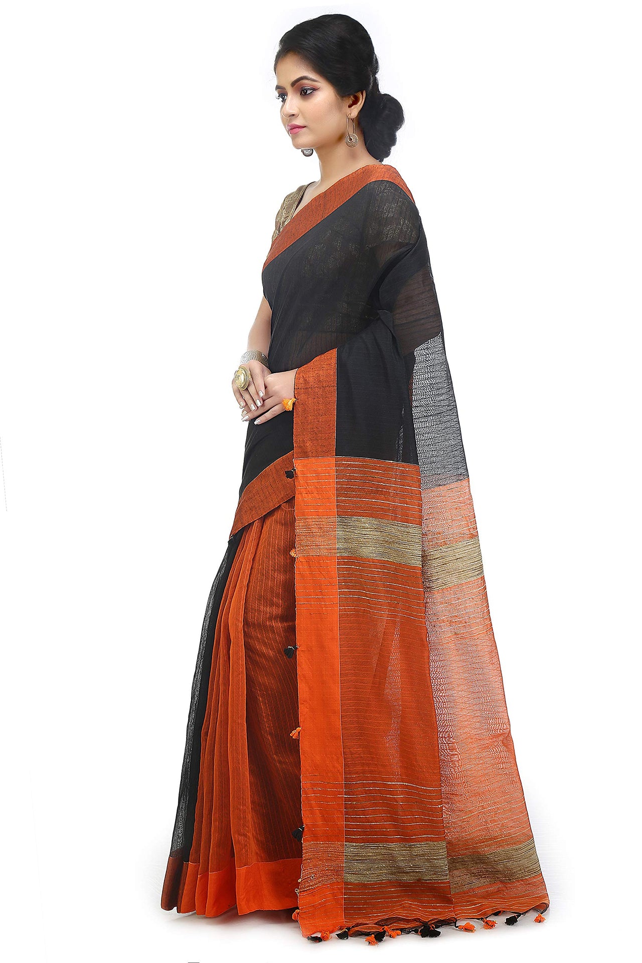BENGAL HANDLOOM Women's  Art Silk Cotton Stripe Saree With Blouse Piece